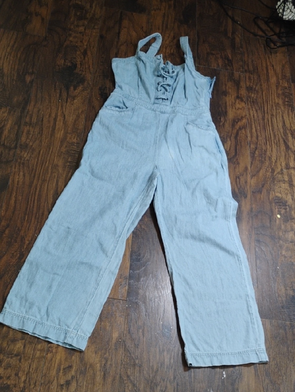 PAIGE Light Blue Denim Lace-Up Wide-Leg Jumpsuit